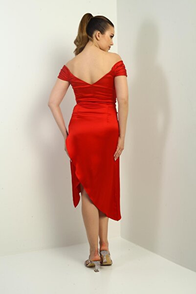 By Saygı Women's Madonna Collar Draped Asymmetrical Satin Short Dress