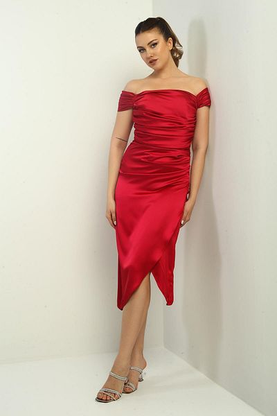 By Saygı Women's Madonna Collar Draped Asymmetrical Satin Short Dress
