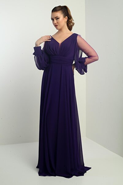 By Saygı Ön Arka V Yaka Önü Drapeli Kolları Tül Astarlı Geniş Beden Aralıklı Uzun Şifon Elbise