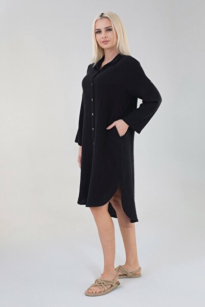 Fashion Showcase Muslin Natural Fabric Cotton Front Buttoned Long Shirt Dress - Black