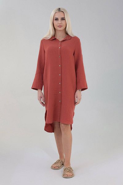 Fashion Showcase Φόρεμα από φυσικό ύφασμα Muslin Βαμβακερό μακρύ πουκάμισο με κουμπί μπροστά - Πλακάκι