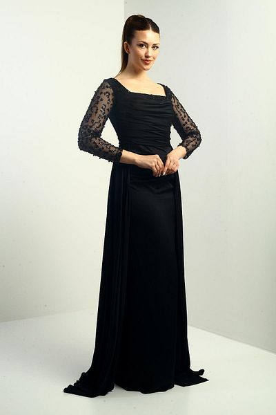 By Saygı Women's Square Neck Lined Sleeve Beaded Wide Size Spaced Crepe Satin Long Evening Dress
