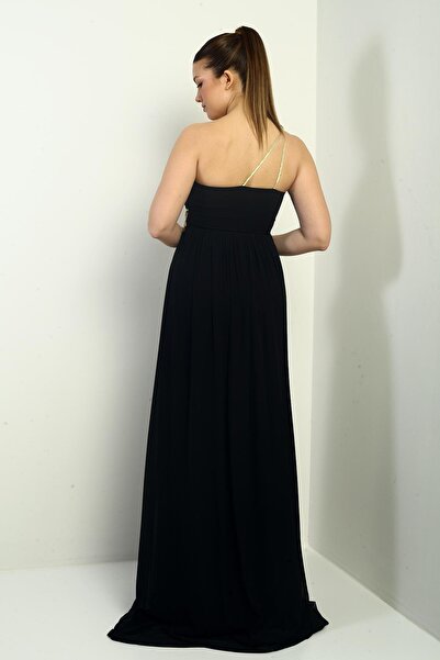 By Saygı Kadın Tek Omuz Askılı Önü Hasır Astarlı Şifon Uzun Elbise