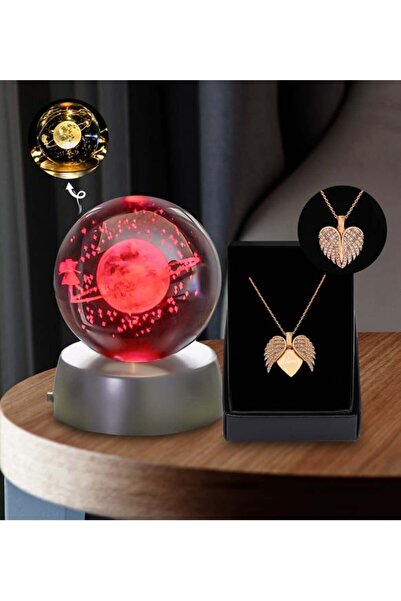 keyfim shop Kişiye Özel Melek Kanatlı Kalp Kolye & 3D Samanyolu Temalı Satürn Kız Işıklı Cam Küre Hediye Seti