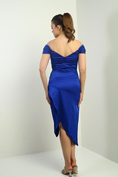 By Saygı Women's Madonna Collar Draped Asymmetrical Satin Short Dress