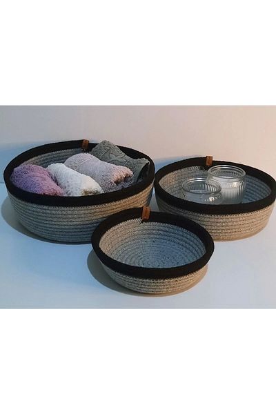 Hediyeninellitonu 3-Piece Wicker Basket Set, Multi-Purpose Organizer 6 Mm Black And Gray Colored Rope