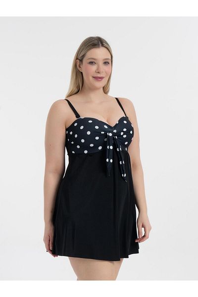 AQUAVİVA Güler Gloria Recuperative Dress Swimsuit, Big Size Black Polka Dot Aquaviva Women S