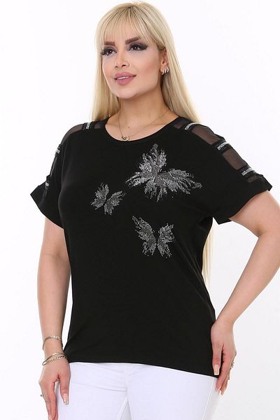 Kheos Butterfly Pattern Stone Printed Shoulder Tulle Stripe Short Sleeve Round Neck Comfortable Lycra Flexible Plus Size Blouse
