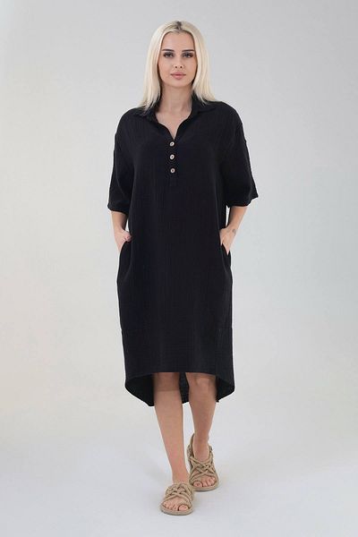 Fashion Showcase Φόρεμα Muslin Robe με παράθυρο από βαμβακερό φυσικό ύφασμα μακρύ μανίκι - μαύρο