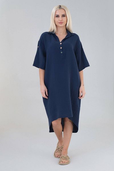 Fashion Showcase Φόρεμα Muslin Robe με παράθυρο από βαμβακερό φυσικό ύφασμα μακρύ μανίκι - Navy Blue