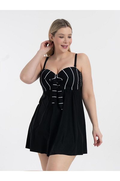 AQUAVİVA Aquaviva Women's Plus Size Black and White Thin Striped Gloria Gathering Bow Dress Swimsuit