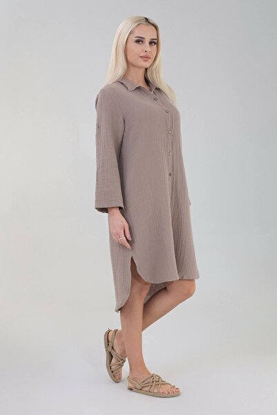 Fashion Showcase Φόρεμα μακρύ πουκάμισο από βαμβακερό φυσικό ύφασμα Muslin με κουμπί μπροστά - Mink
