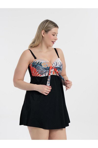 AQUAVİVA Aquaviva Women's Plus Size Leaf Pattern Gloria Gathering Bow Dress Swimsuit