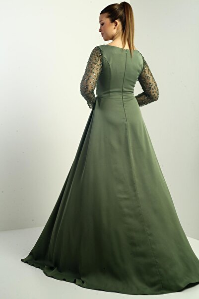 By Saygı Women's Square Neck Lined Sleeve Beaded Wide Size Spaced Crepe Satin Long Evening Dress