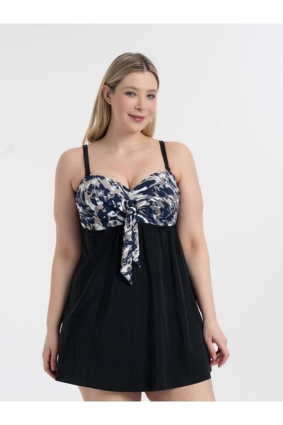 AQUAVİVA Aquaviva Women Black Gray Navy Blue Pattern Plus Size Gathering Bow Dress