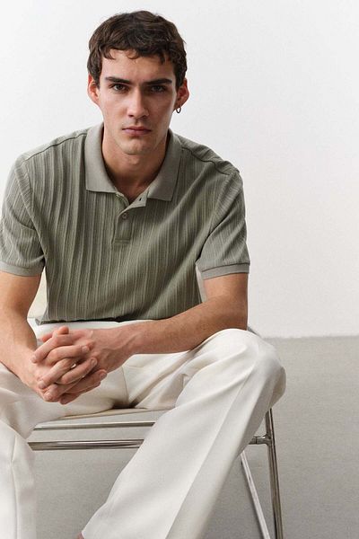 H&M Slim Fit Textured Jersey Polo Shirt