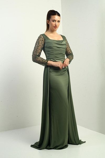 By Saygı Women's Square Neck Lined Sleeve Beaded Wide Size Spaced Crepe Satin Long Evening Dress