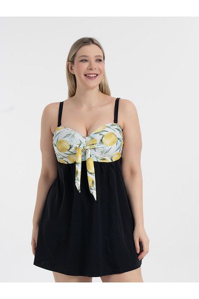 AQUAVİVA Aquaviva Women's Plus Size Black Lemon Print Gloria Gathering Bow Dress Swimsuit