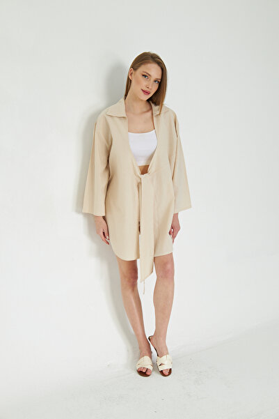 SevdeUgur Γυναικείο πουκάμισο κιμονό με κορδόνια από λινό κρέμα / Sevde Ugur