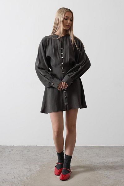 modaserdem Gold Color Button Detailed Dress - Anthracite