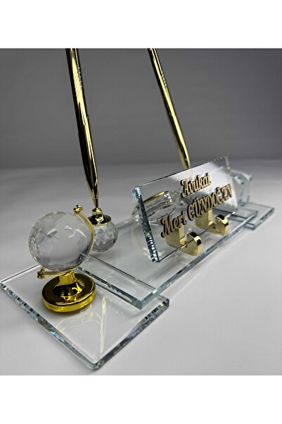 Gündoğan Kristal Şeffaf Cam İsimlik Çift Ayak Kalem Saat Dünya ve Kartvizit F...