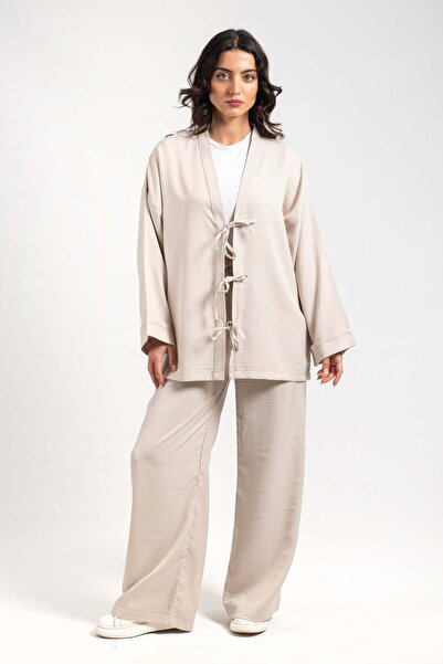 Hatun Atila Bež ženski kardigan set sa tri čipke 8745