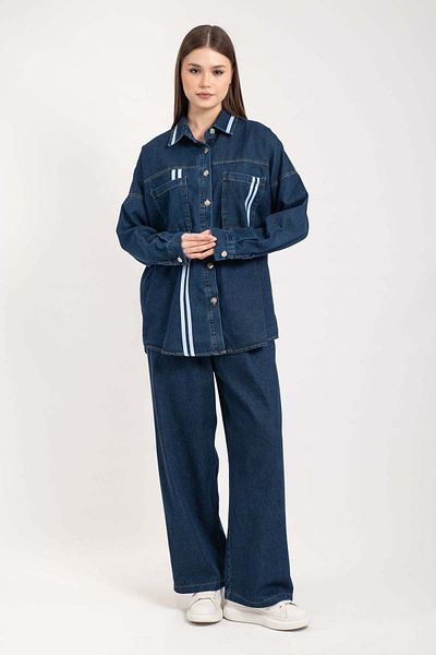 Hatun Atila Women's Stripe Detailed Pocket Denim Double Set Dark 8735 - Dark Blue