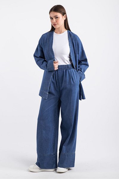 Hatun Atila Women's Pocket Detailed Cardigan Denim Suit 8739 - Blue