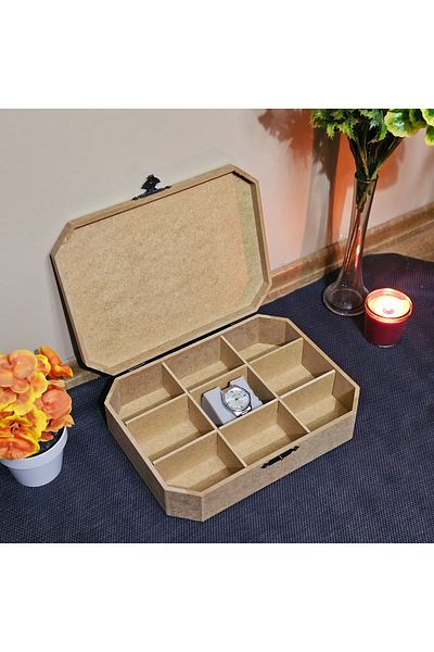 Tekir Store evinizi güzelleştirin Wooden Rectangular Octagonal Model 9 Compartment Jewelry Watch Accessory Box Hobby Raw Paintable Mdf