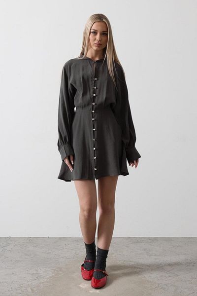 modaserdem Gold Color Button Detailed Dress - Anthracite