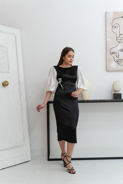 modaserdem Women's Black and White Lace Detail Satin Evening-Graduation-Wedding-Occasion Dress