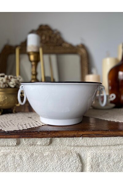 Handmadesign Çok Amaçlı Beyaz Galvaniz Kulplu Büyük Kase Çanak Sunumluk Meyvelik