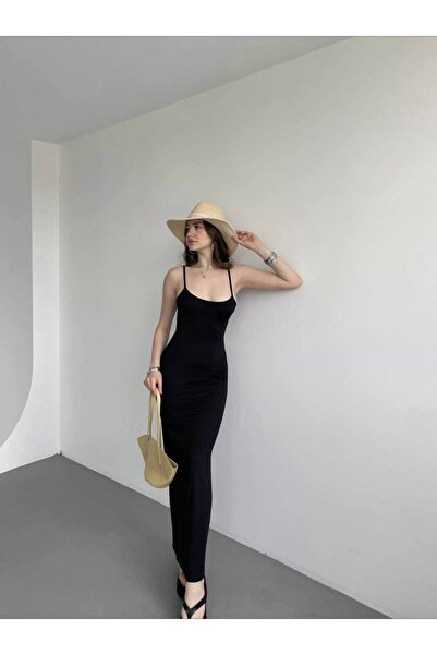OLN Kadın Siyah Askılı Yırtmaçlı Uzun Elbise