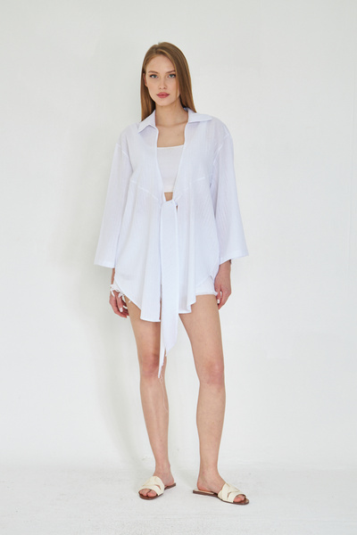 SevdeUgur Жіноча біла бавовняна сорочка-кімоно на зав'язках / Sevde Ugur