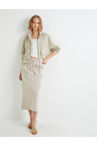 Koton Bomber Jacket Zippered Stand Collar Pocket