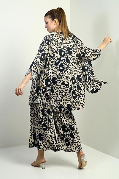 By Saygı Women's Side Slit Tunic Shirt Elastic Waist Pocket Palazzo Pants Mixed Pattern Oversize 2