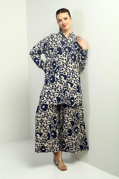 By Saygı Women's Side Slit Tunic Shirt Elastic Waist Pocket Palazzo Pants Mixed Pattern Oversize 2