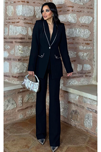 pembekurdelem Kadın Gümüş Detay Ceket Pantolon Takım Siyah