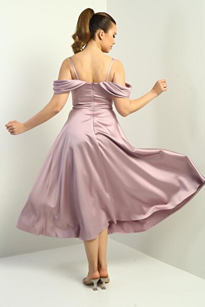 By Saygı Жіноча сукня з бретельками, низькими рукавами, підкладкою та плісированою спідницею з атласу