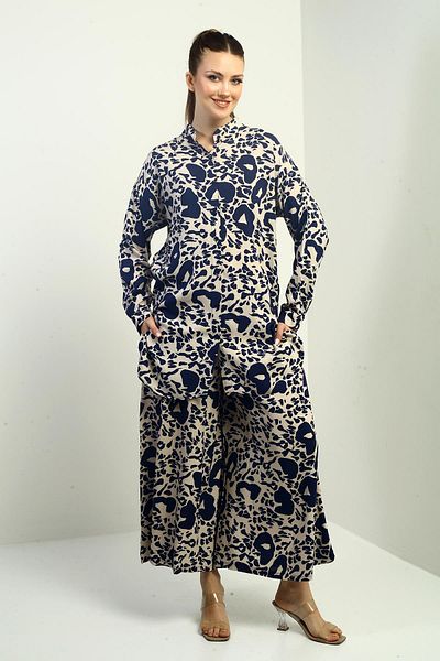 By Saygı Women's Side Slit Tunic Shirt Elastic Waist Pocket Palazzo Pants Mixed Pattern Oversize 2