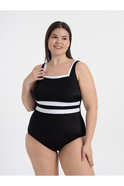 AQUAVİVA Aquaviva Women's Plus Size Black-White Belinda Gathering Square Neck Swimsuit