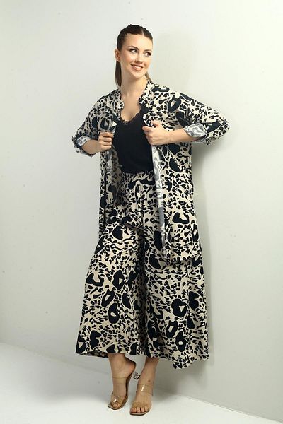 By Saygı Women's Side Slit Tunic Shirt Elastic Waist Pocket Palazzo Pants Mixed Pattern Oversize 2
