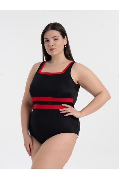 AQUAVİVA Aquaviva Women's Plus Size Black-Red Belinda Gathering Square Neck Swimsuit