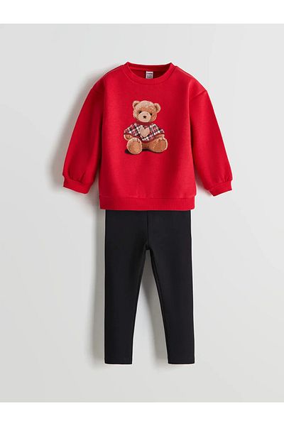 LC Waikiki Red Bear Teddy Print Girls' Sweatshirt and Leggings 2-Piece