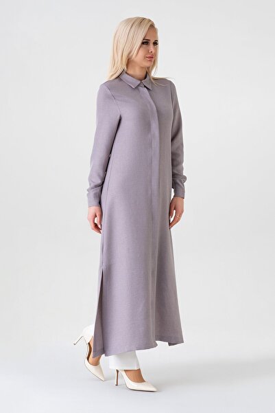 Fashion Showcase Μακρύ λινό τουνίκ με κρυφό μπατζάκι - Γκρι