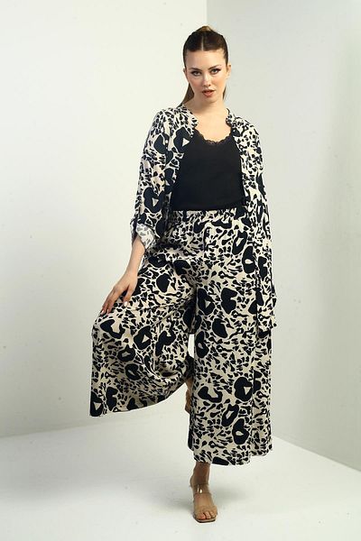 By Saygı Women's Side Slit Tunic Shirt Elastic Waist Pocket Palazzo Pants Mixed Pattern Oversize 2