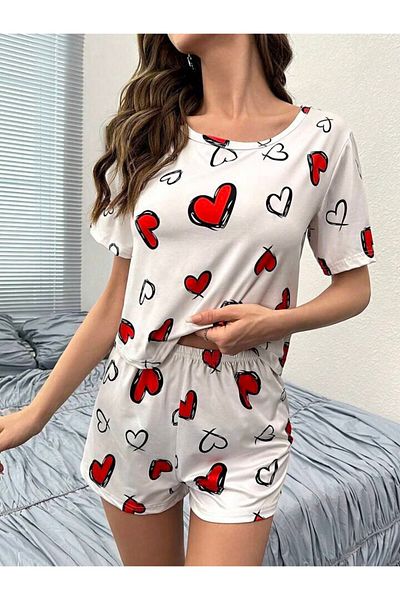 MEYLİYA Set pantaloni scurți cu mânecă scurtă - Set pijamale damă / MOBIL INIMĂ / Nou