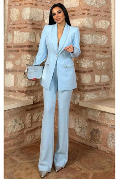 pembekurdelem Jachetă și pantaloni de damă cu detalii argintii, albastru