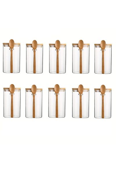 Choice 10 Pcs 280ml Candy Jar, Biscuit Jar, Glass Storage Jar With Sealed Bamboo Lid And Spoon - 10oz Trans