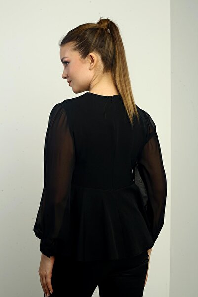 By Saygı Women's Double Breasted Collar Chiffon Sleeves Floral Detailed Lycra Blouse